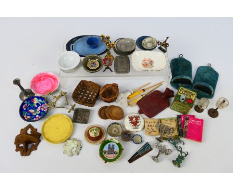 Doll Furniture - A collection of vintage dolls house accessories including dishes and kitchen items, candelabra, brooms, a bi