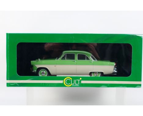 Cult Scale Models - A 1957 Ford Zodiac 206E MkII in green over white # CML085-1. The model appears in Mint condition in a Nea