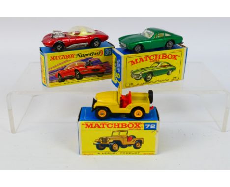 Matchbox - Three boxed Matchbox diecast model vehicles. Lot consists of Matchbox RW #72 Standard Jeep; #75 Ferrari Berlinetta