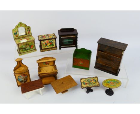 Doll Furniture - A collection of vintage dolls house furniture including a chest of 4 x drawers,4 x tables, 5 x cabinets and 