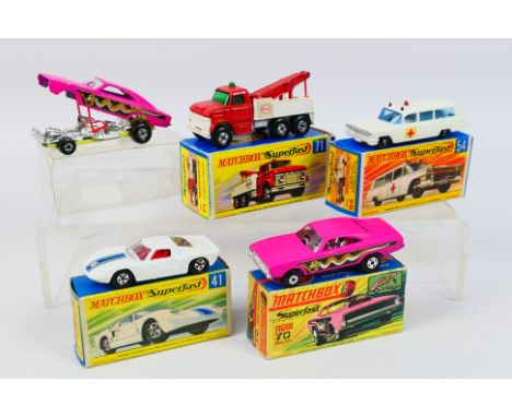 Matchbox - Five Matchbox Superfast diecast model vehicles majority in boxes. Lot consists of #70 Dragster; #41 Ford GT40; #54