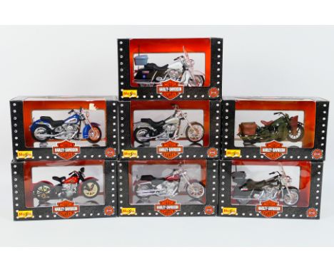 Maisto - Seven boxed Maisto 1:18 scale diecast Harley Davidson motorcycles. Lot includes 1936 EL Knucklead; 2000 FXSTD Softai