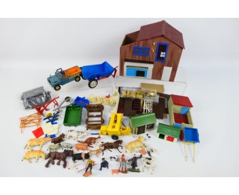 Britains - A collection of Britains farm equipment including Land Rover # 9676, barn, sty,  tumbrel cart, tractor trailer, fi