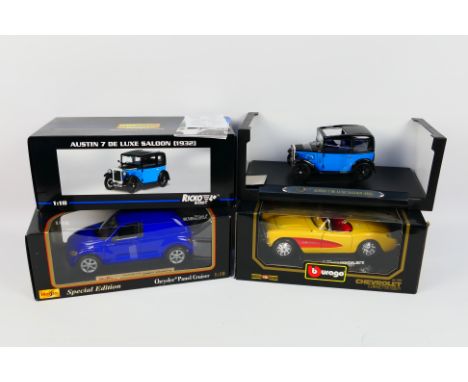 Ricko - Maisto - Bburago - Three boxed diecast 1:18 scale model vehicles. Lot consists of Ricko #32130 1932 Austin 7 De Luxe 