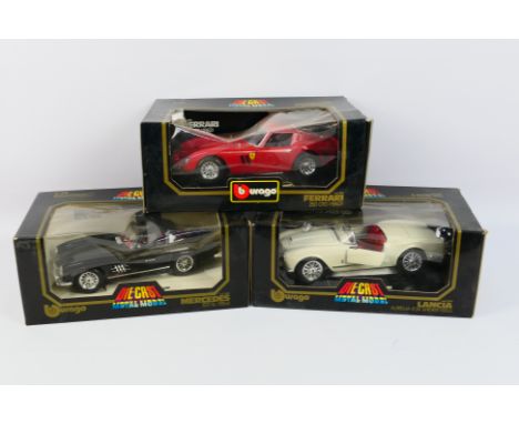 Bburago - Three boxed diecast 1:18 scale model cars from Bburago. Lot consists of #3013 Mercedes 300SL (1954); #3010 Lancia A