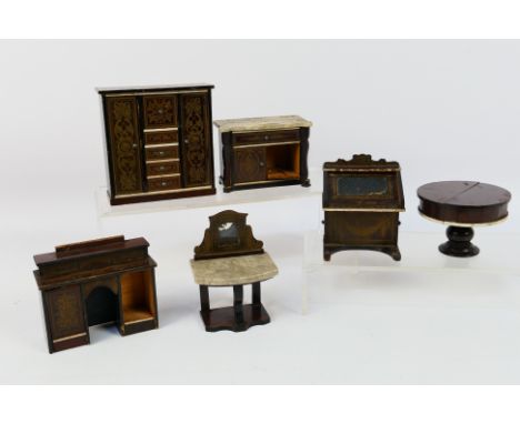 Doll Furniture - A collection of vintage wooden dolls house furniture including cabinets , sideboard, wash stand and a table.