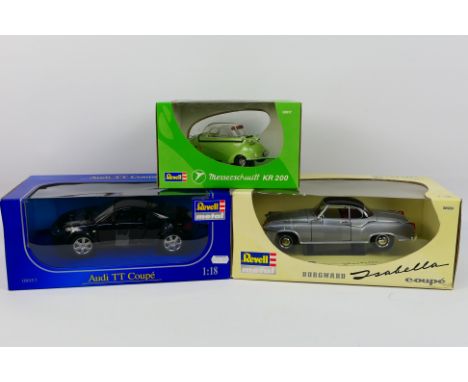 Revell - Three boxed diecast 1:18 scale model vehicles from Revell. Lot consists of Revell #08989 Borgward Isabella Coupe; #0