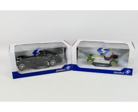 Solido - Two boxed diecast 1:18 scale model cars from Solido. Lot consists of Solido #S1802101 Bugatti Type 57SC Atlantic; to