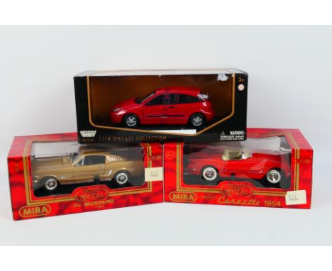 Mira - Motor Max - Three boxed 1:18 scale diecast model cars. Lot consists of Motor Max #73100 Ford Focus; Mira #6198 1954 Co