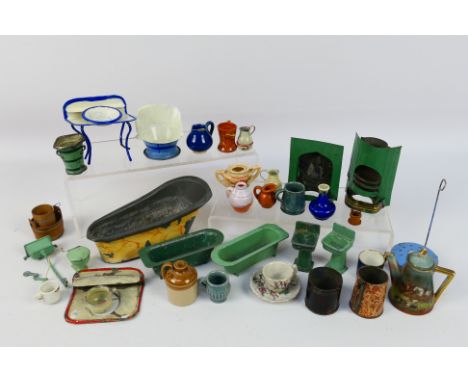 Faireylite - Other - A collection of vintage dolls house accessories including, baths, toilet, sinks, fire places, bucket, wa