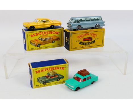 Matchbox - Three boxed Matchbox RW diecast model vehicles. Lot consists of Matchbox #20 Chevrolet Impala Taxi; #40 Leyland Ti