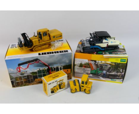 NZG - 3 x boxed construction vehicles in 1:50 scale, a Bomag BW 141 AD roller # 221, a Vogele Super 1900-2 tracked paver # 67