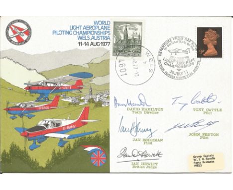 5 Signed World Light Aeroplane Piloting Championships Wels Australia 1977 official FDC. Signatures include Team Director Davi