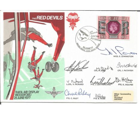 9 Team Members signed The Red Devils RAFA Air Display Woodford 1977 official FDC. Signatures include WO2 E Lewington, Cpl A S