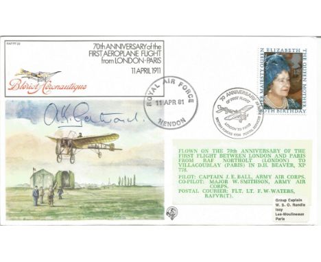 First Aeroplane Flight from London to Paris official signed cover RAF FF29. Signed by Flight Lieutenant Now Group Captain A K