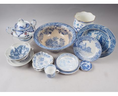 A 19th century Davenport "Chinoiserie Ruins" pattern blue and white soup bowl, 9 1/2" dia, and two triangular shaped Davenpor
