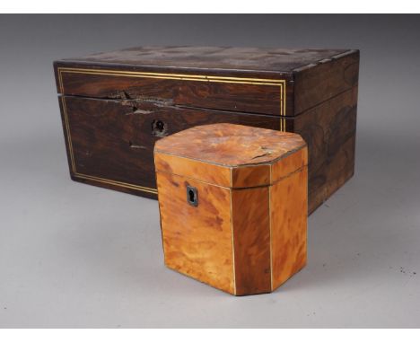 A tortoiseshell octagonal single-section tea caddy, 4 1/2" wide x 4" high, and a rosewood and brass inlay tea caddy, 12" wide