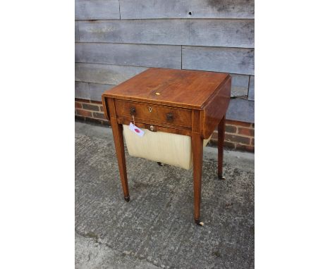 An early 19th century faded rosewood and inlaid work table, fitted one drawer and well, on square taper supports and ceramic 