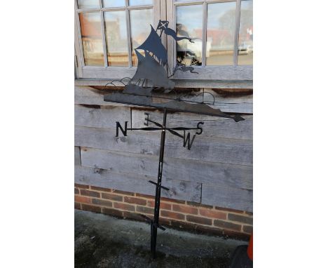 A wrought iron Tudor galleon weather vane with post and accessories, 36" wide x 64" high 
