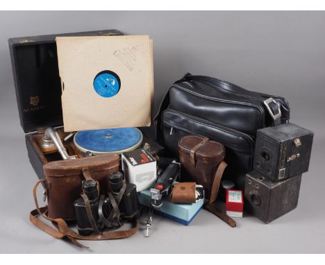 An Academy boxed record player, a Kodak Brownie camera, a pair of binoculars and other similar items 