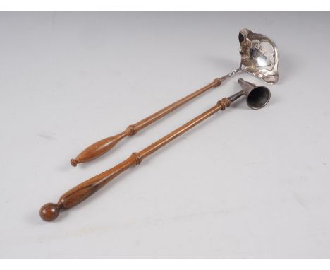 A Queen Elizabeth II 1977 silver double lipped punch ladle and a silver candle snuffer, with hardwood handles 