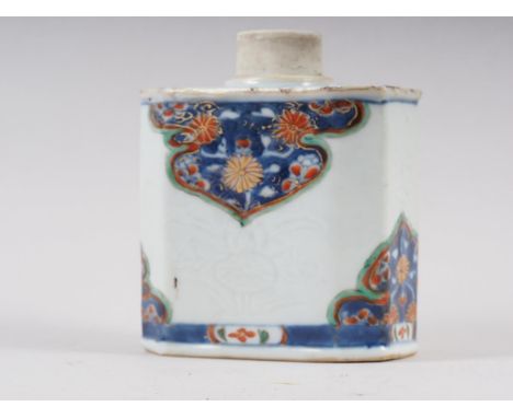 A Chinese octagonal Imari decorated tea caddy, 4" high (lacking cover)Condition:Chips to shoulder rim, chip inside neck and g