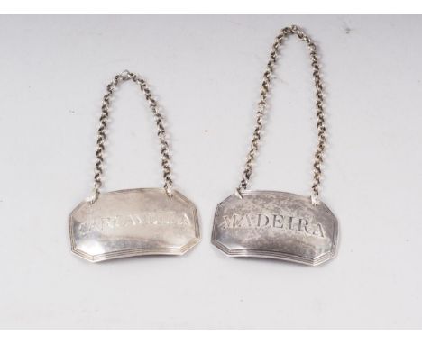 A pair of Georgian silver decanter labels, "Carcavella" and "Madeira", marks London 1791, 0.55oz troy approx 