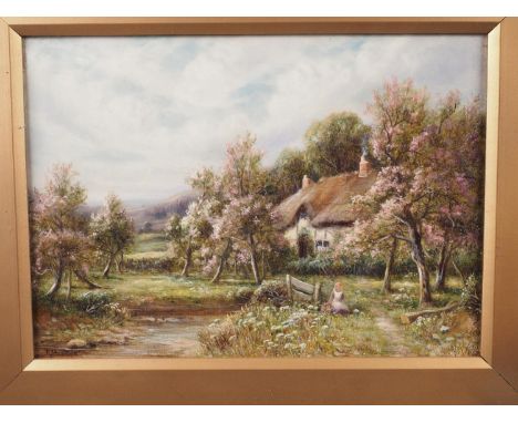 R J Bannister: oil on canvas, cottage in spring, 9 1/2" x 13 1/2", in gilt frame 