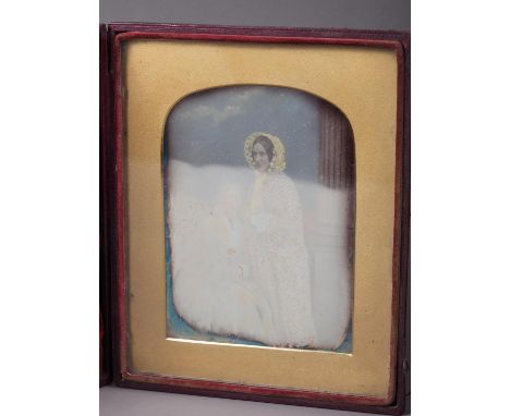 A mid 19th century coloured daguerreotype quarter plate portrait of two girls, in Morocco case, by J E Mayall Daguerreotype I