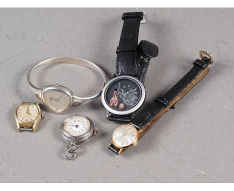 A lady's Omega Seamaster wristwatch (lacking strap), a silver cased Medana fob watch, a lady's Tissot wristwatch and two othe