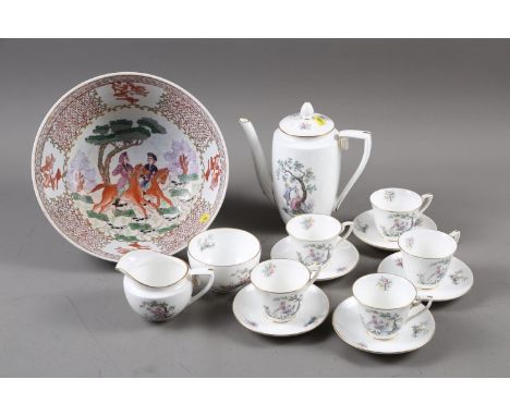 A Royal Worcester "Watteau" pattern coffee service for five, a Chinese bowl, decorated Continental figures, 10" dia, and othe