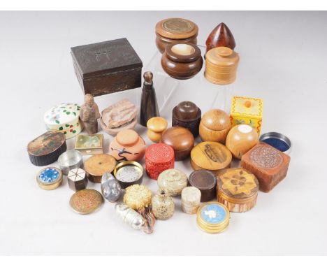 A Mauchline ware patch box, 2 1/4" dia, and a quantity of treen and metal boxes 