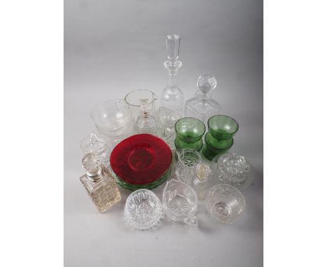 A quantity of glassware, including a silver collared whisky decanter, finger bowls, coloured glass plates and other items 
