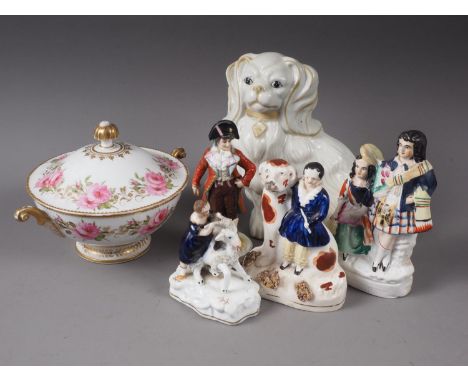 A 19th century Staffordshire porcelain figure of a girl with a goat, 4" high, a Continental porcelain figure and other cerami