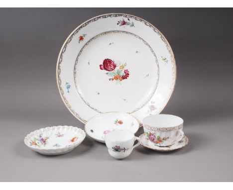 A Vienna dish, decorated floral sprays, 12 1/2" dia, a Meissen coffee cup, a Meissen saucer, a Dresden cup and saucer, and an