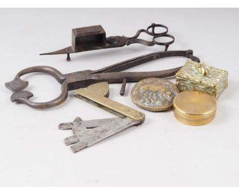 A brass fleam, a wick trimer, a brass hinged box with rabbit finial and other itemsCondition:the fleams are slightly rusty an