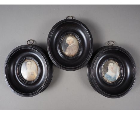 A set of three early 18th century portrait miniatures, inscribed Joseph Banks Esquire of York, Mrs Banks and Miss Wickens, ea