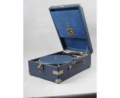 An early 20th century HMV portable record player, in blue case 