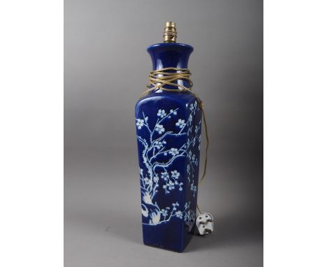 A Chinese blue and white table lamp, decorated prunus, 20" high 