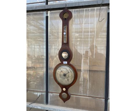 A MAHOGANY FRAMED WALL BAROMETER (A/F)