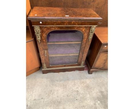 A VICTORIAN WALNUT AND INLAID PIER CABINET WITH CADDY TOP AND APPLIED BRASS DECORATION, 32" WID