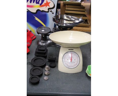 TWO SETS OF SCALES TO INCLUDE WAYMASTER AND VICTOR  ENGLAND TOGETHER WITH WEIGHTS