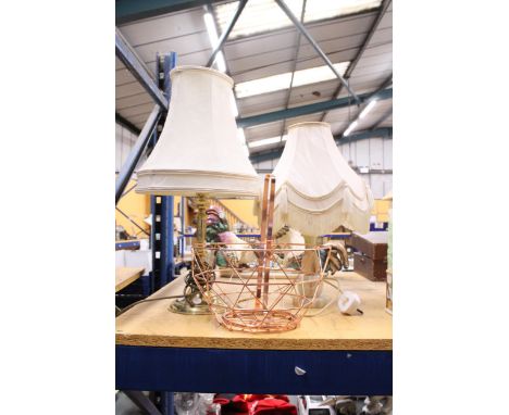 A VINTAGE BRASS LAMP BASE WITH SHADE TOGETHER WITH AN ONYX LAMP BASE WITH SHADE, ETC.,