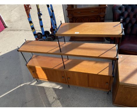 A RETRO TEAK STEPPED OPEN DISPLAY SHELF UNIT WITH FOUR SLIDING DOORS TO BASE WITH TUBULAR METAL SUPPORTS, 48.5" WIDE