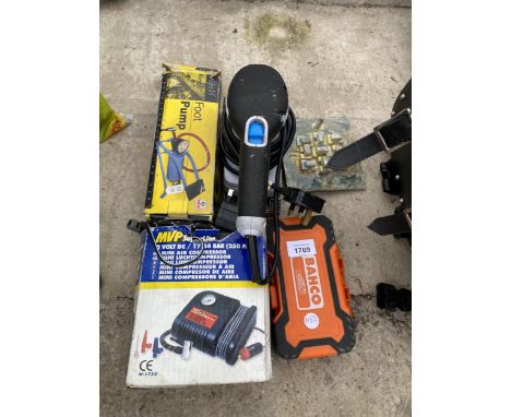 AN ASSORTMENT OF TOOLS TO INCLUDE A MACALLISTER SANDER, A BAHCO DRILL BIT SET AND A FOOT PUMP ETC