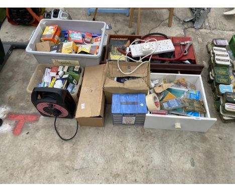 AN ASSORTMENT OF TOOLS AND HARDWARE TO INCLUDE LIGHT BULBS, AN EXTENSION LEAD AND HARDWARE CHESTS ETC