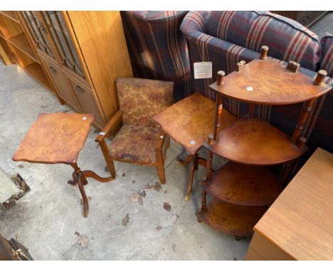 A SMALL CHILDS ARM CHAIR, TWO MAPLE EFFECT TRIPOD TABLES AND A CORNER WHATNOT