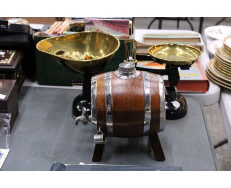 A SET OF LIBRA SCALE COMPANY BRASS SCALES AND WEIGHTS TOGETHER WITH A MINIATURE OAK WHISY BARREL