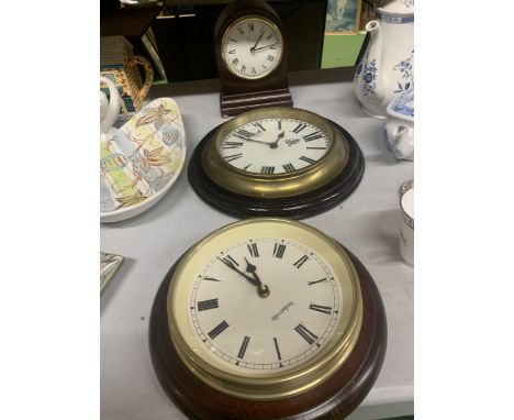 TWO WOODEN FRAMED WALL CLOCKS PLUS A MANTLE CLOCK