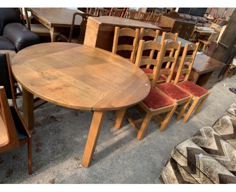 AN OAK PLANK TOP 47" DIAMETER DINING TABLE AND SIX LADDER BACK DINING CHAIRS